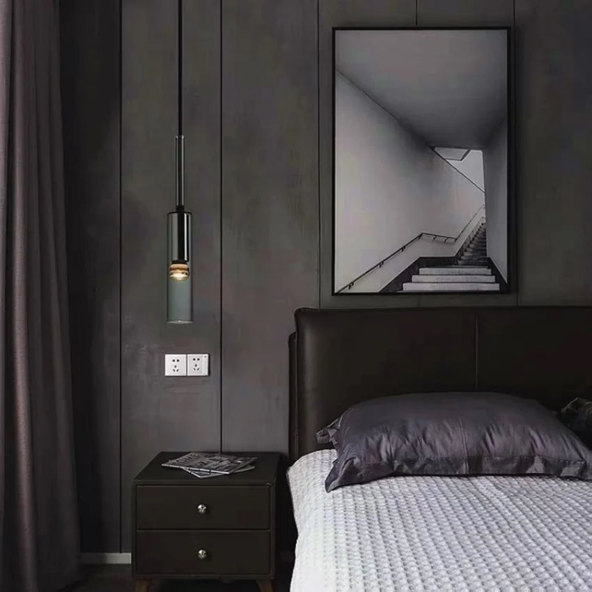 lampe suspendue moderne minimaliste câble noir gris doré verre transparent métal chambre salon étude
