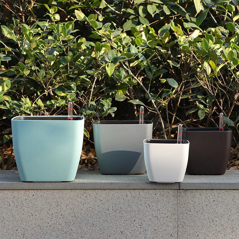 pots auto arrosants indicateur niveau eau moderne plante verte intérieur blanc bleu clair contemporain