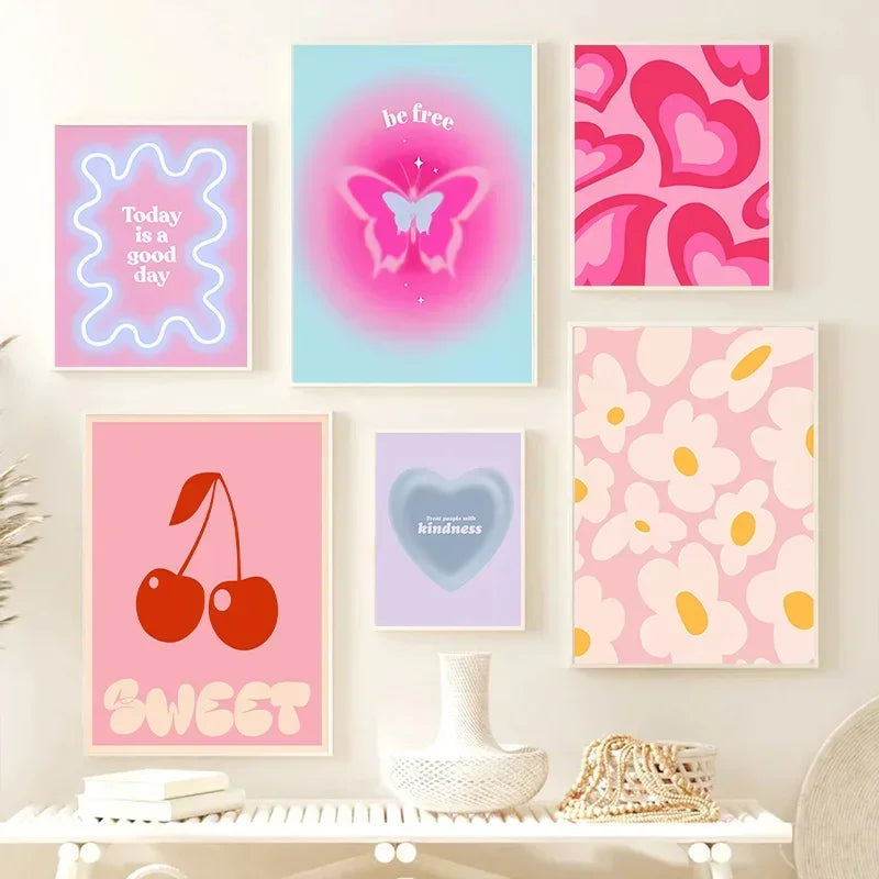 affiches toile moderne minimaliste coeurs fleurs rose bleu violet blanc