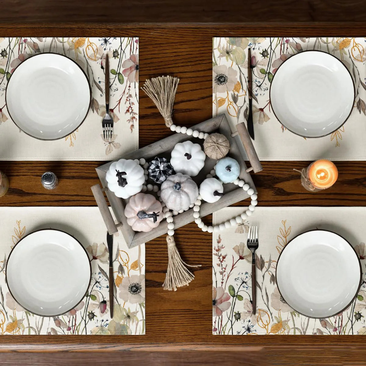 serviettes table classiques fleurs papillons beige rose vert naturel ThanksgivingDecoration