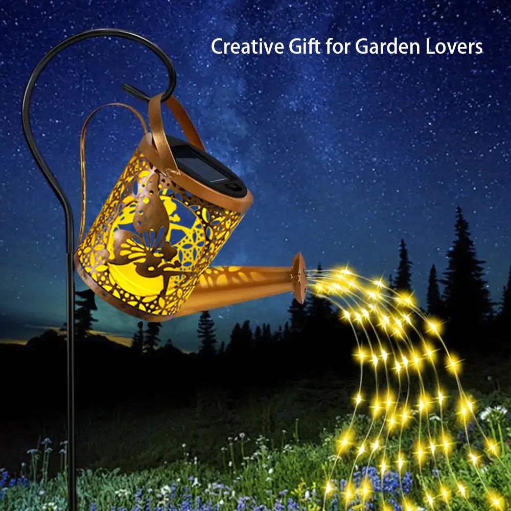 arrosoir lumineux solaire doré motifs floraux tringle noire led moderne jardinextérieur