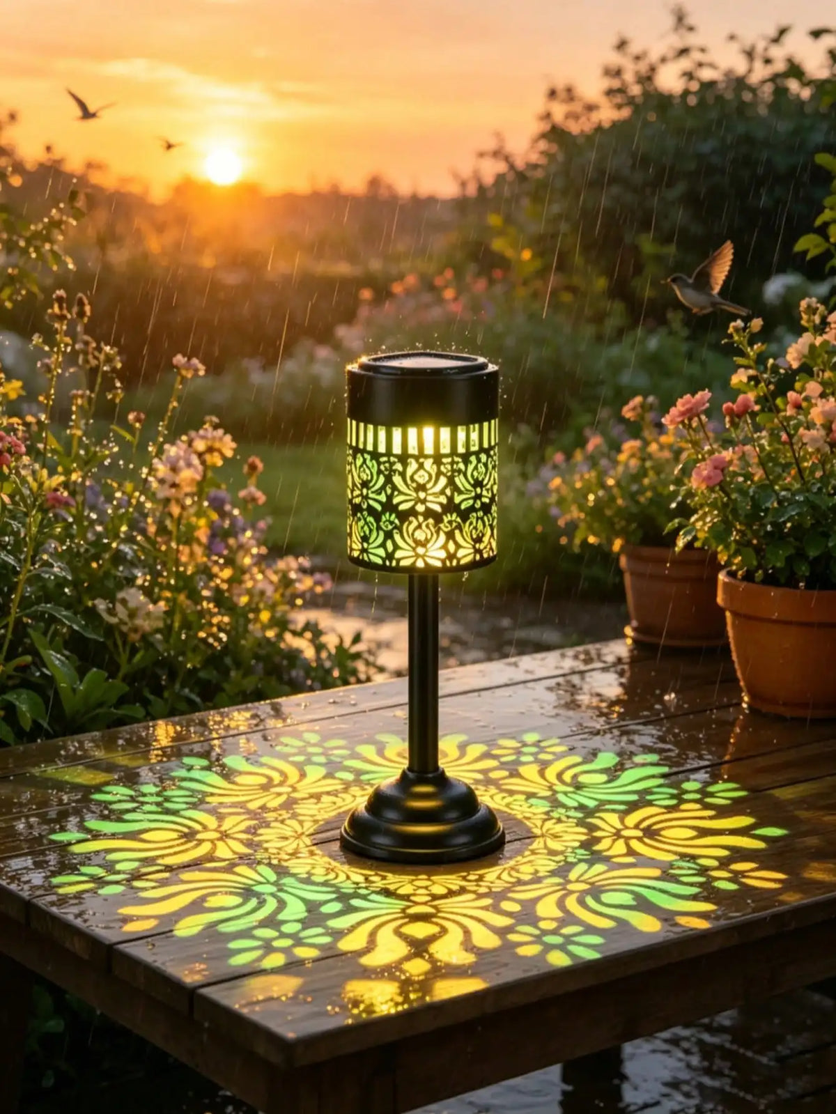 lampe solaire extérieure led ip65 protection florale ajourée noir verte jaune