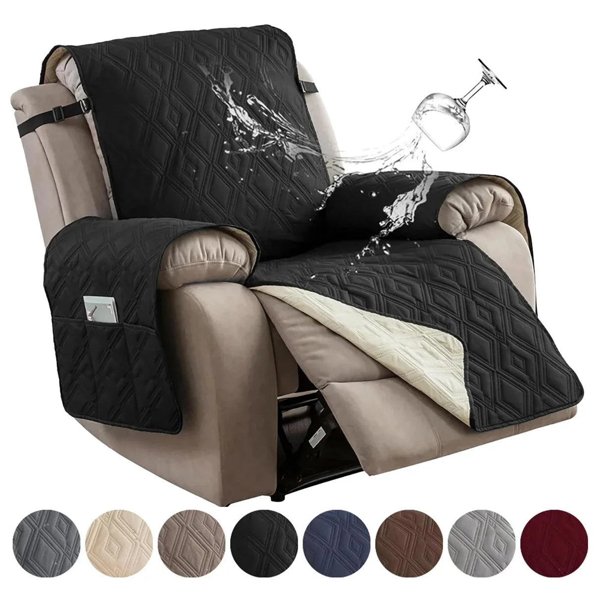housse fauteuil inclinable imperméable motif diamant poche rangement boucles fixation moderne