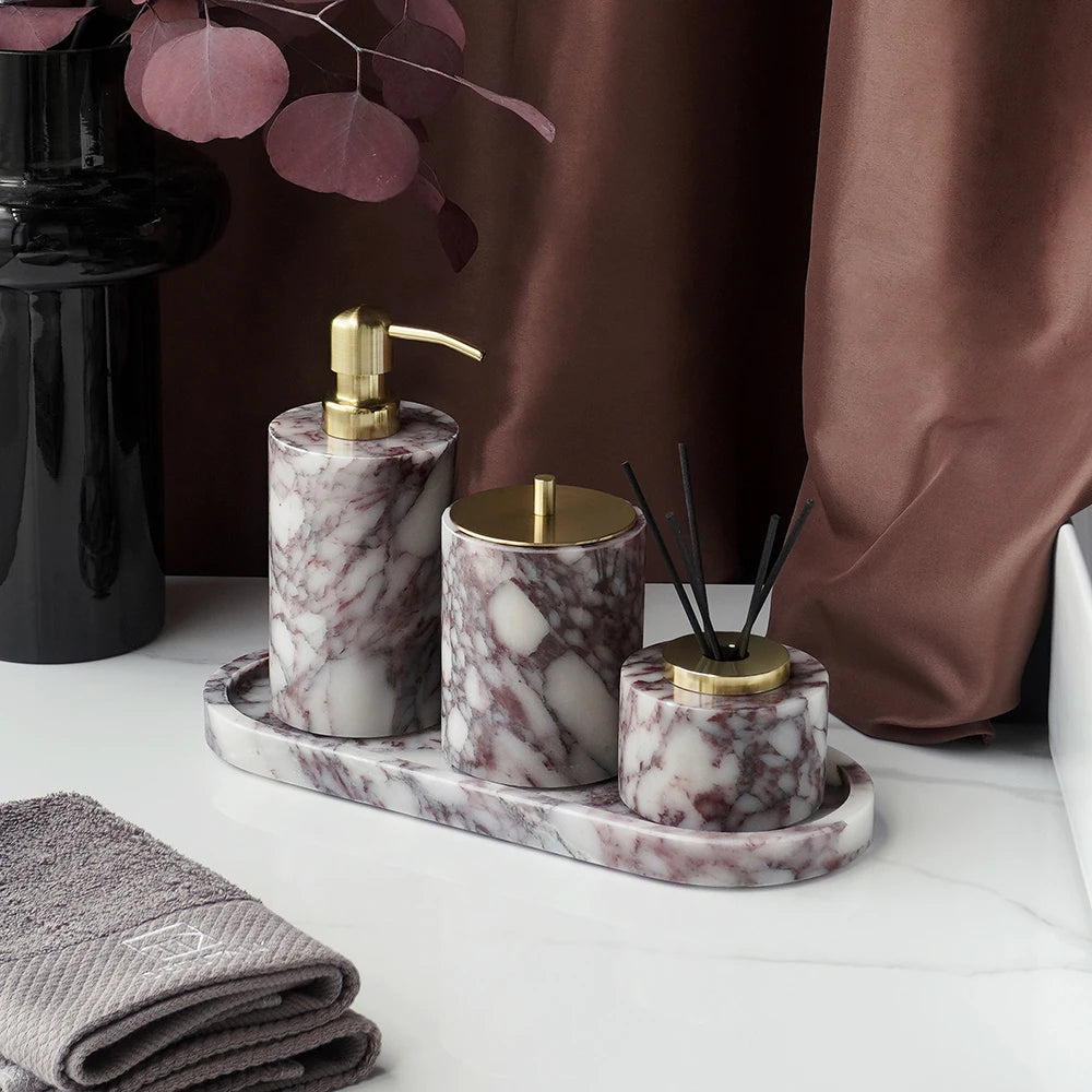 ensemble salle bain marbre calacatta viola violet distributeur savon pot pinceaux plateau moderne élégant