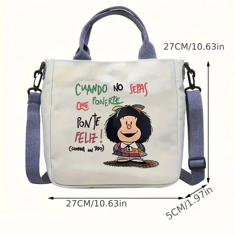 sac main toile imprimée mafalda blanc bleu moderne casual boucle fermeture fourre tout étudiant