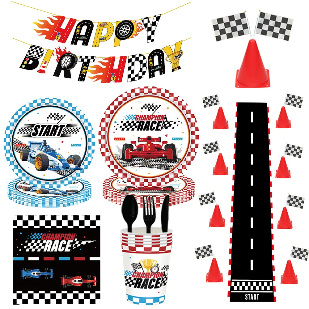 ensemble décoration anniversaire voiture course assiettes gobelets bannière table runner ballon géant papier