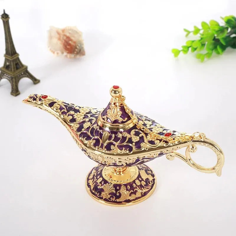 lampe huile décorative aladdin métal ornement floral bleu rouge violet vert orientaliste