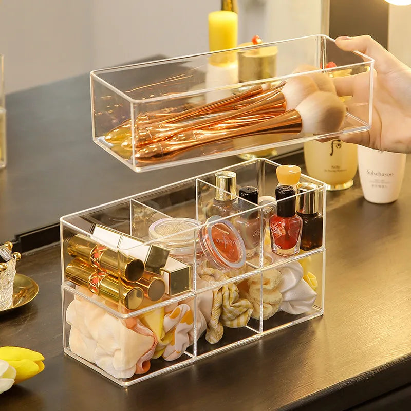 boîtes rangement transparentes modernes minimalistes maquillage pinceaux crèmes vernis rubans cosmétiques organisation vanity