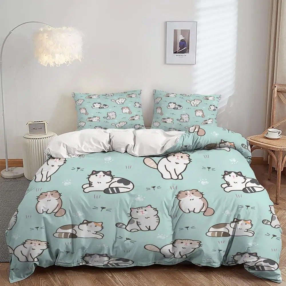 drap lit moderne chatons mignons vert clair oreillers chambre enfant coloré