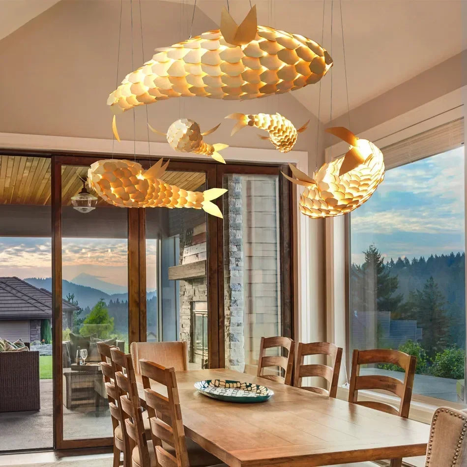 Suspension lumineuse bois forme poisson or led moderne art déco nickel brossé semi encastré