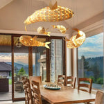 Suspension lumineuse bois forme poisson or led moderne art déco nickel brossé semi encastré