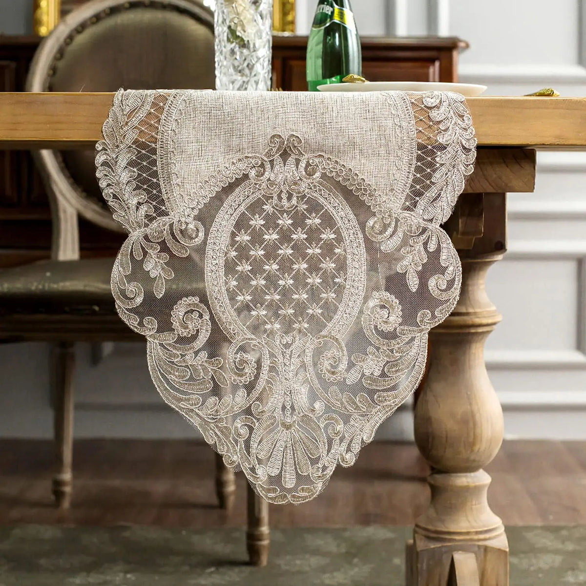 chinois table beige broderie ornements floraux classique élégant opacité 40x120cm 40x150cm 40x180cm 40x215cm 40x250cm