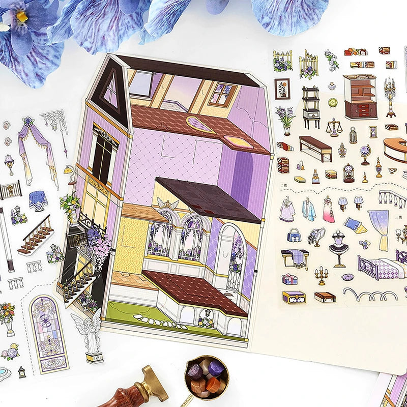 puzzle 3d intérieurs extérieurs bâtiments bleu marron beige violet illustration détaillée artiste