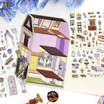 puzzle 3d intérieurs extérieurs bâtiments bleu marron beige violet illustration détaillée artiste