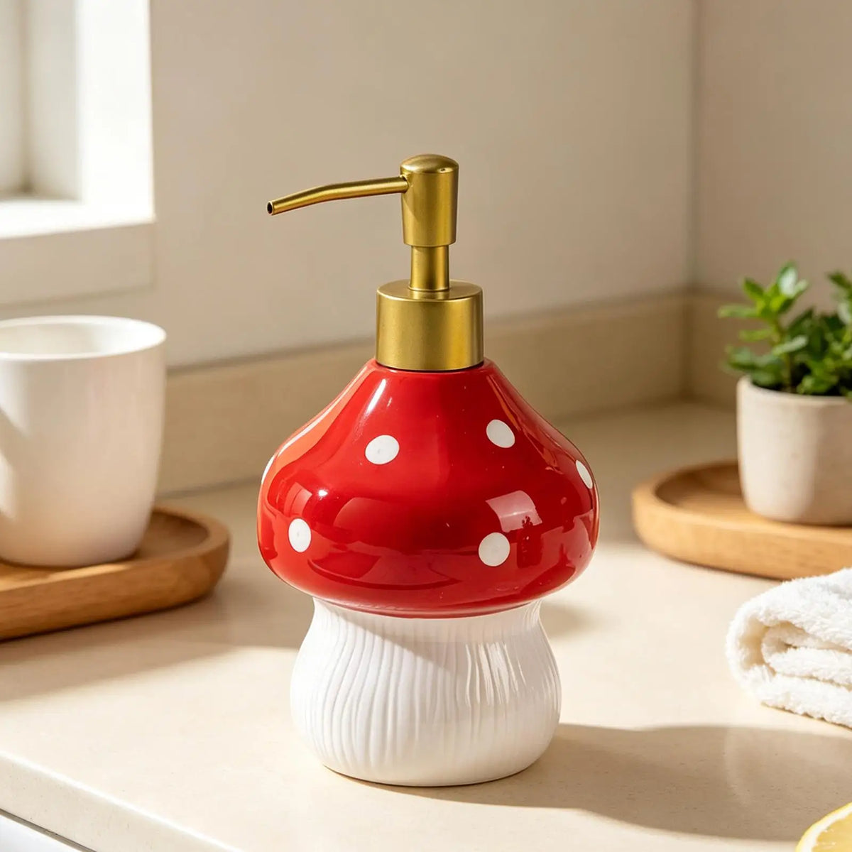 distributeur savon liquide pompe rouge blanc moderne points blancs texture striée bathroom rechargeable