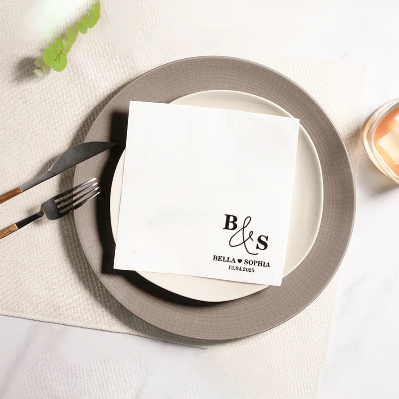 serviettes jetables blanc motif floral calligraphie dorée élégantes mariage anniversaire fêtes variées