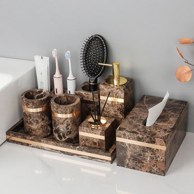Ensemble salle de bain marbre naturel foncé avec distributeur de savon et porte-brosse à dents