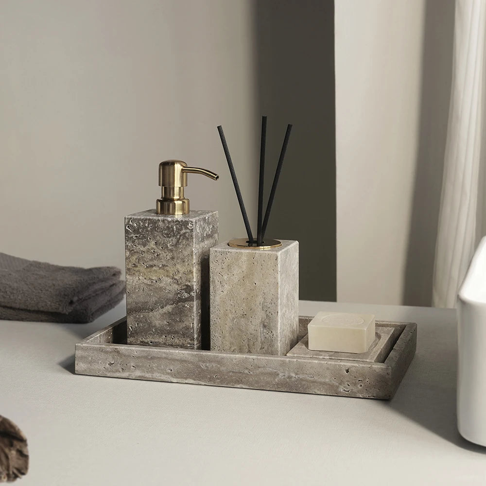 ensemble décoration salle bain marbre gris moderne pot parfum distributeur savon plateau carré gobelet