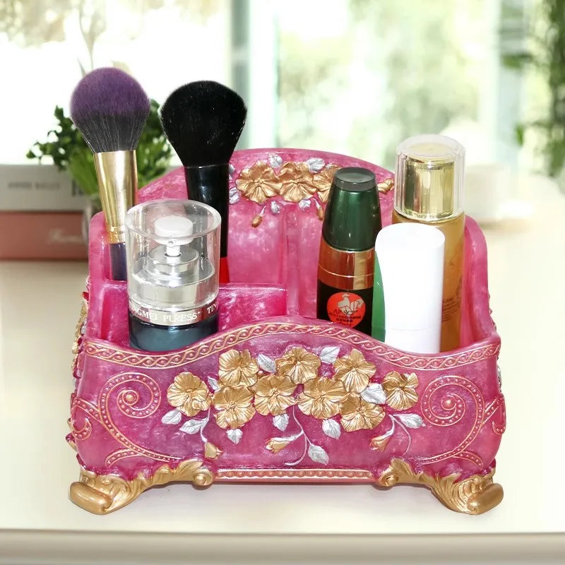 organisateur maquillage réutilisable résine fleurée classique beige doré rose bleu