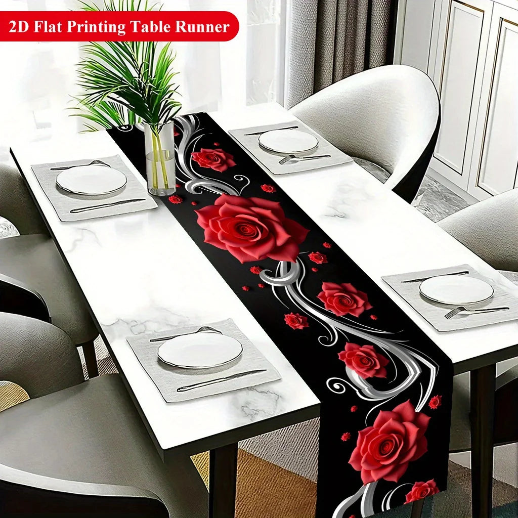nappe runner fleurs roses relief fond noir décoratif argenté table manger
