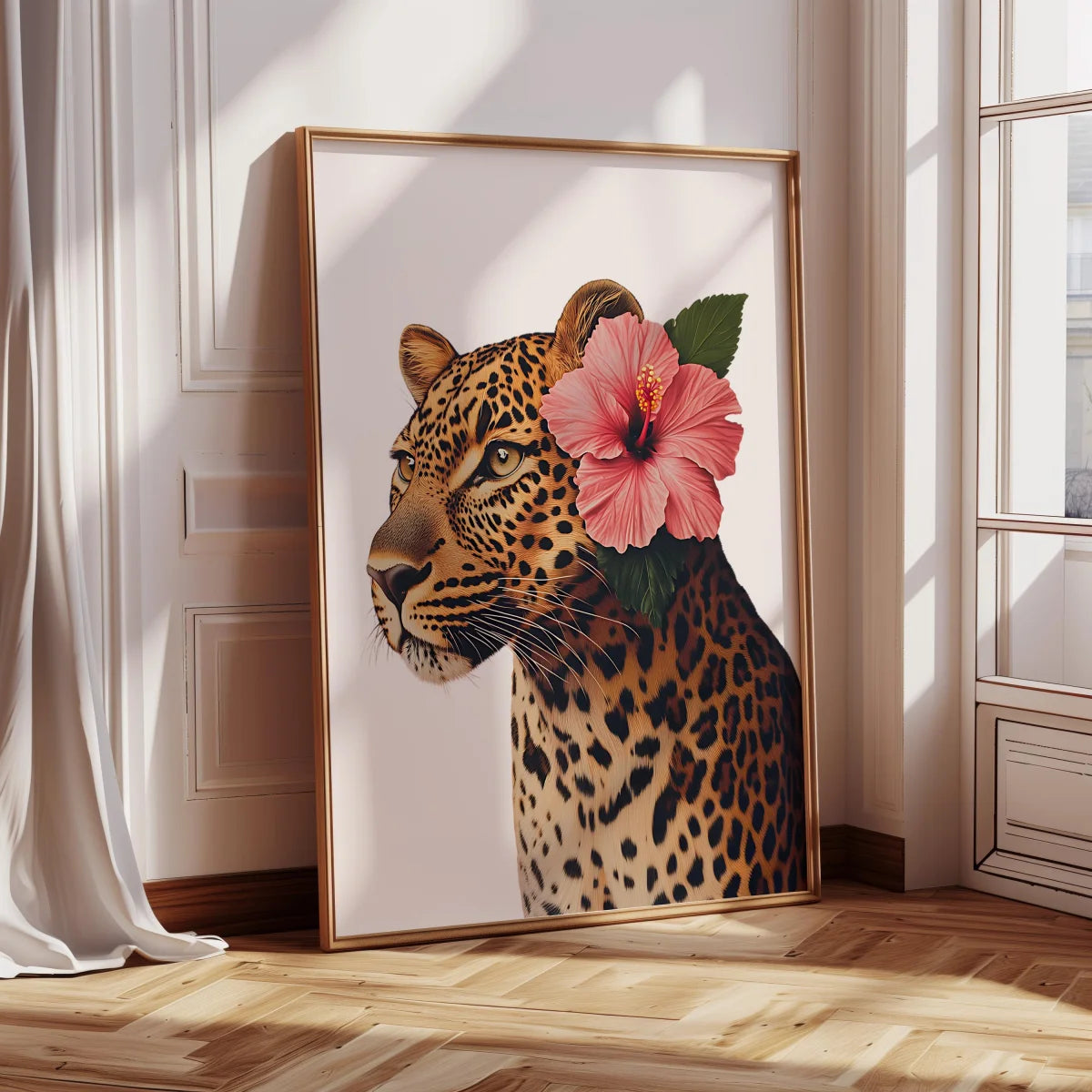 affiche moderne toile léopard fleurs rose noir beige décoration maison cadre bois