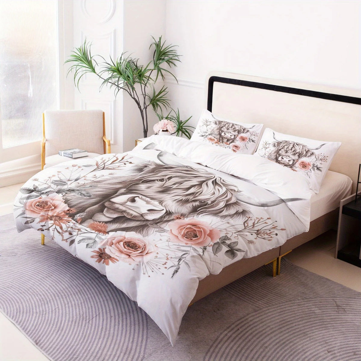 drap plat parure lit floral moderne illustration taureau fleurs roses feuilles vertes blanc gris
