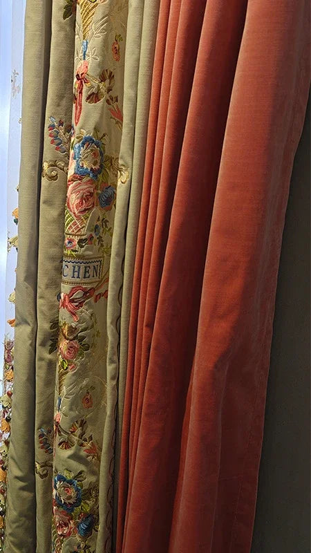 rideaux floral brodés velours beige rose classiques rubans dorés translucides 200x250cm