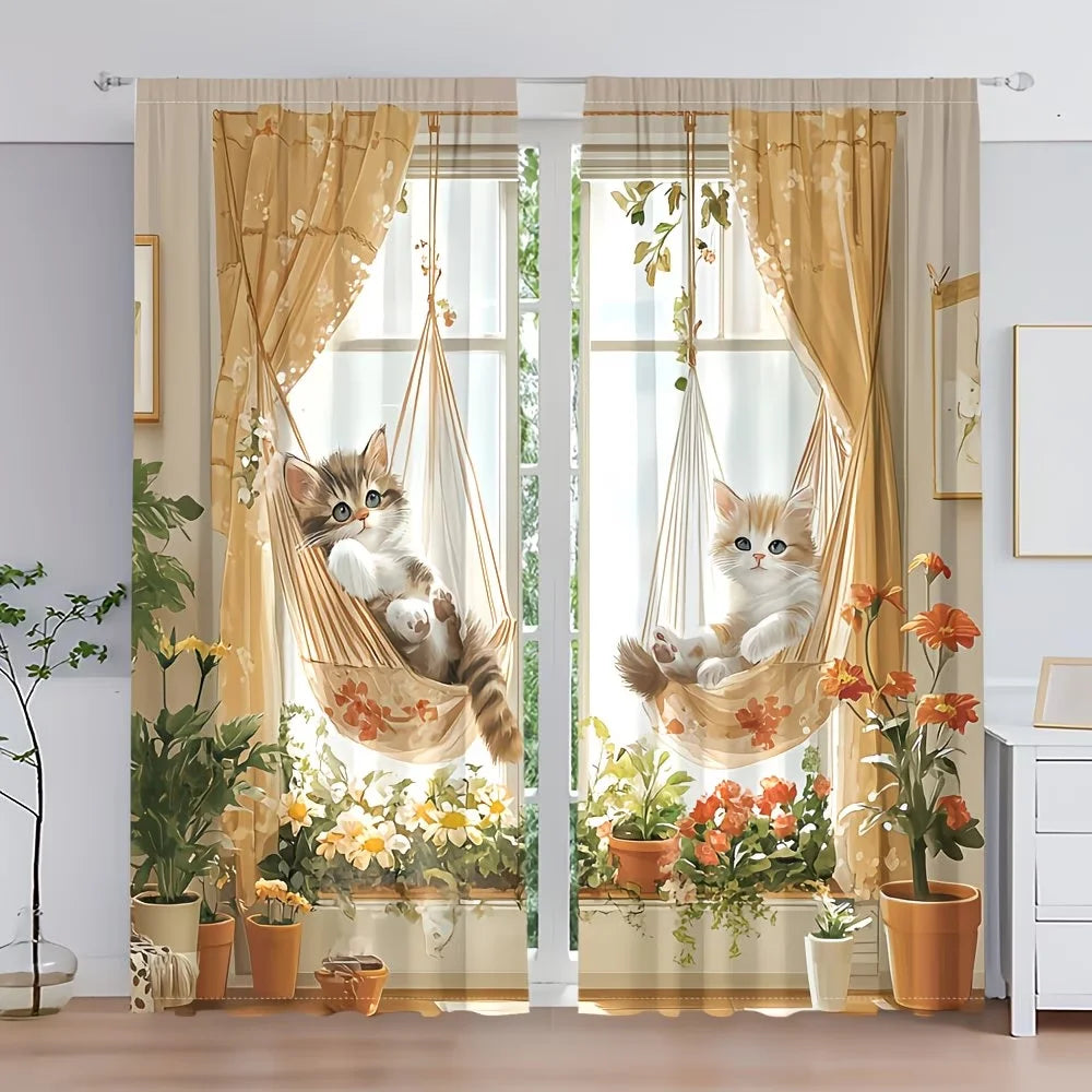 rideau moderne imprimé chat hamac fleurs beige marron clair blanc translucide fenêtre deux panneaux