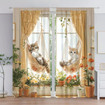 rideau moderne imprimé chat hamac fleurs beige marron clair blanc translucide fenêtre deux panneaux