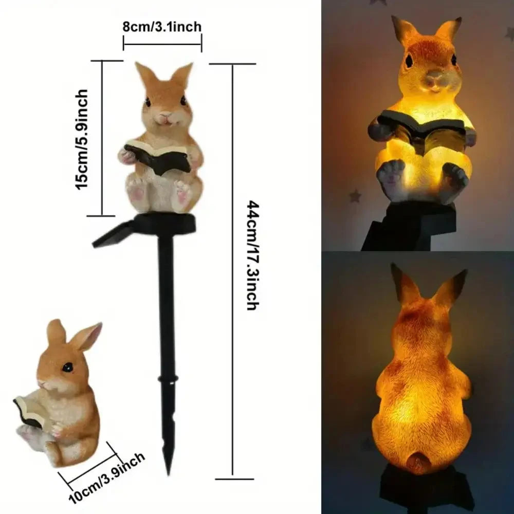 lampe solaire décorative animaux résine lapin hérisson livre tringle métallique extérieur ambre verte marron