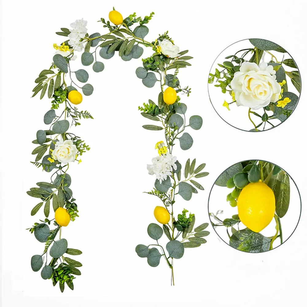 guirlande fleurs artificielles feuilles vertes citrons jaunes fleurs blanches naturel rustique decoration intérieure fête