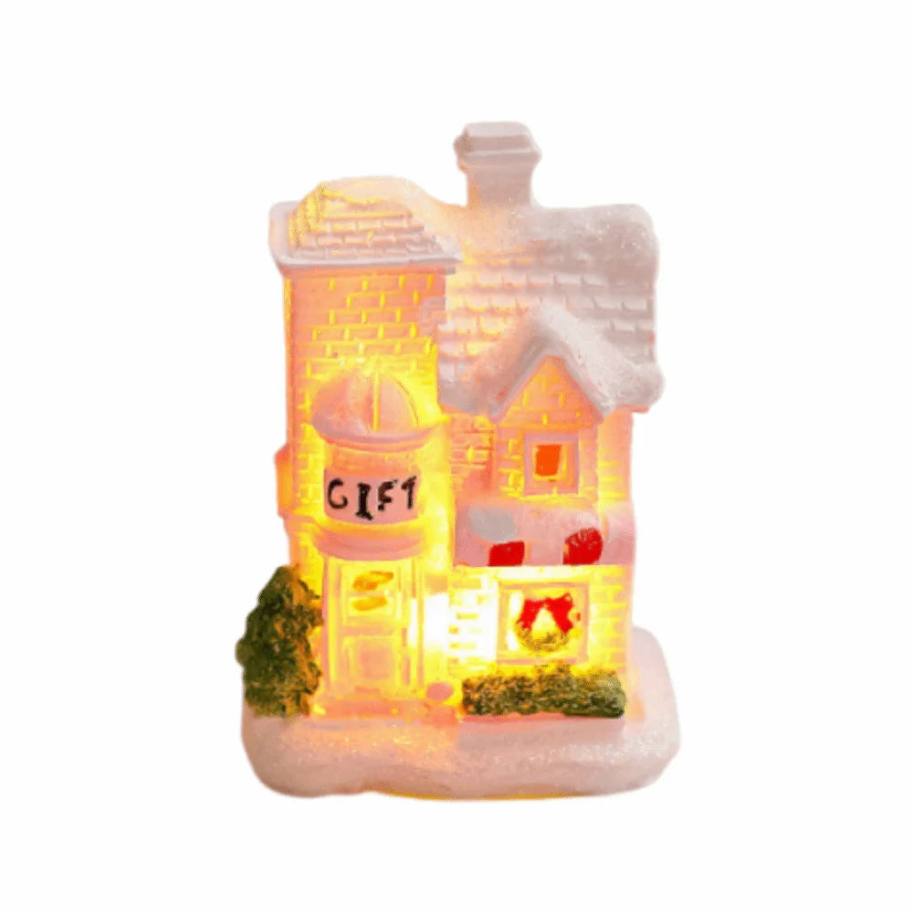 ornement noël miniature maison lumineuse rose brique neige toit fenêtres porte guirlandetoyshop