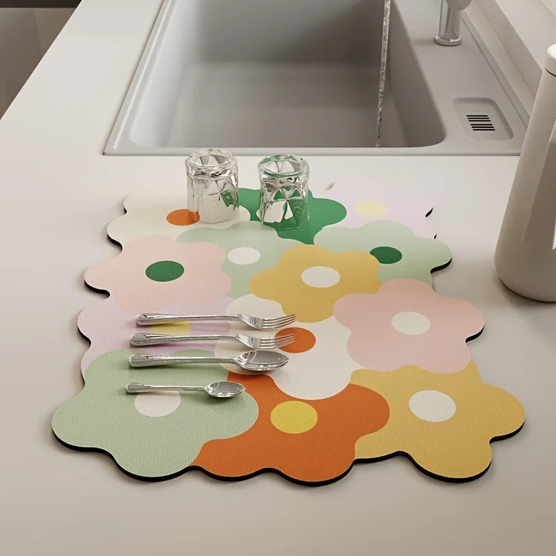 tapis table moderne fleurs stylisées motifs géométriques bleu blanc jaune vert orange rose gris