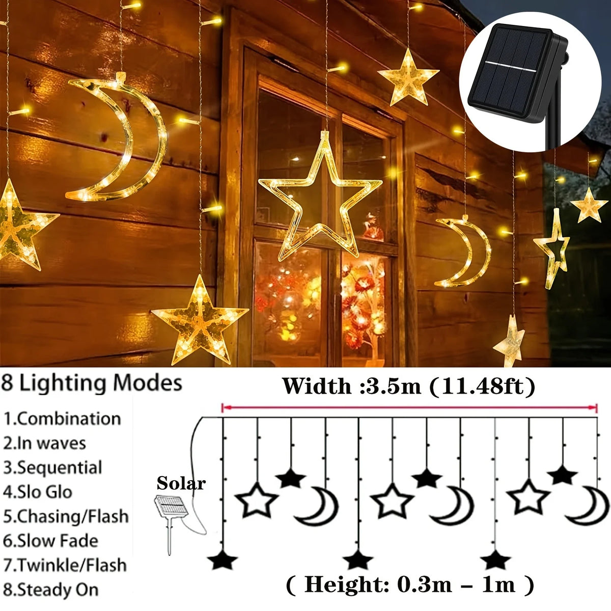 guirlande lumineuse étoiles lunes solaire led blanc doré moderne festif clips extérieur noël ramadan