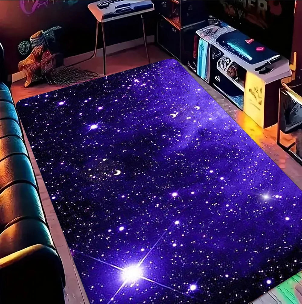 tapis salon chambre moderne motif galaxie étoiles nébuleuse violet bleu rose décoratif grand
