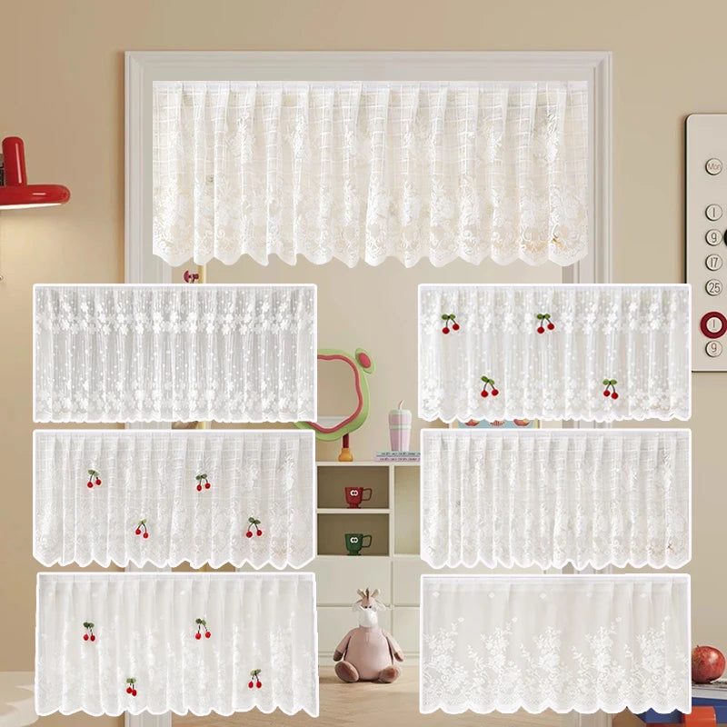 rideau dentelle motif floral cerises blanc rouge vert translucide japonais coréen enfantin chambre porte