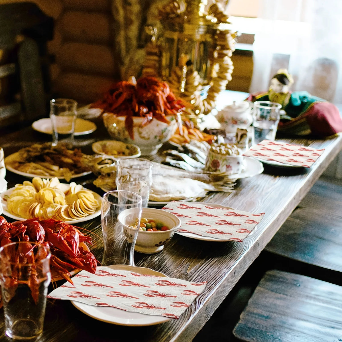 serviettes papier motif homards rouge fond blanc texturé rassemblements été pique niques barbecues pack