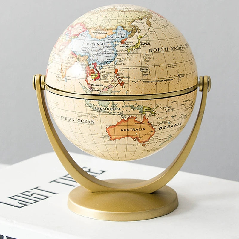globe terrestre vintage cartographie détaillée bleu beige doré support rotatif métal