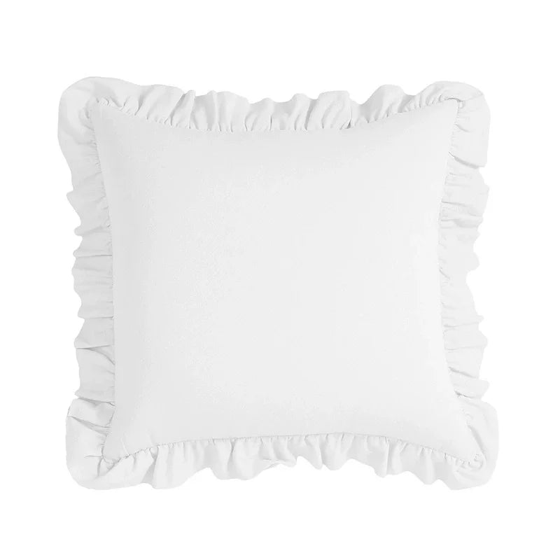 housses coussin coton couleur blanc vert bleu violet marron bords froncés texture tissu decoratif