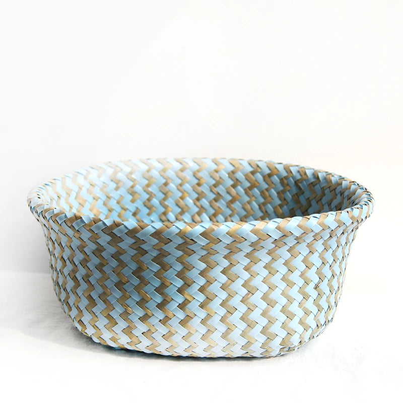 panier rangement tressé bleu beige zigzag ours peluche bois poignées