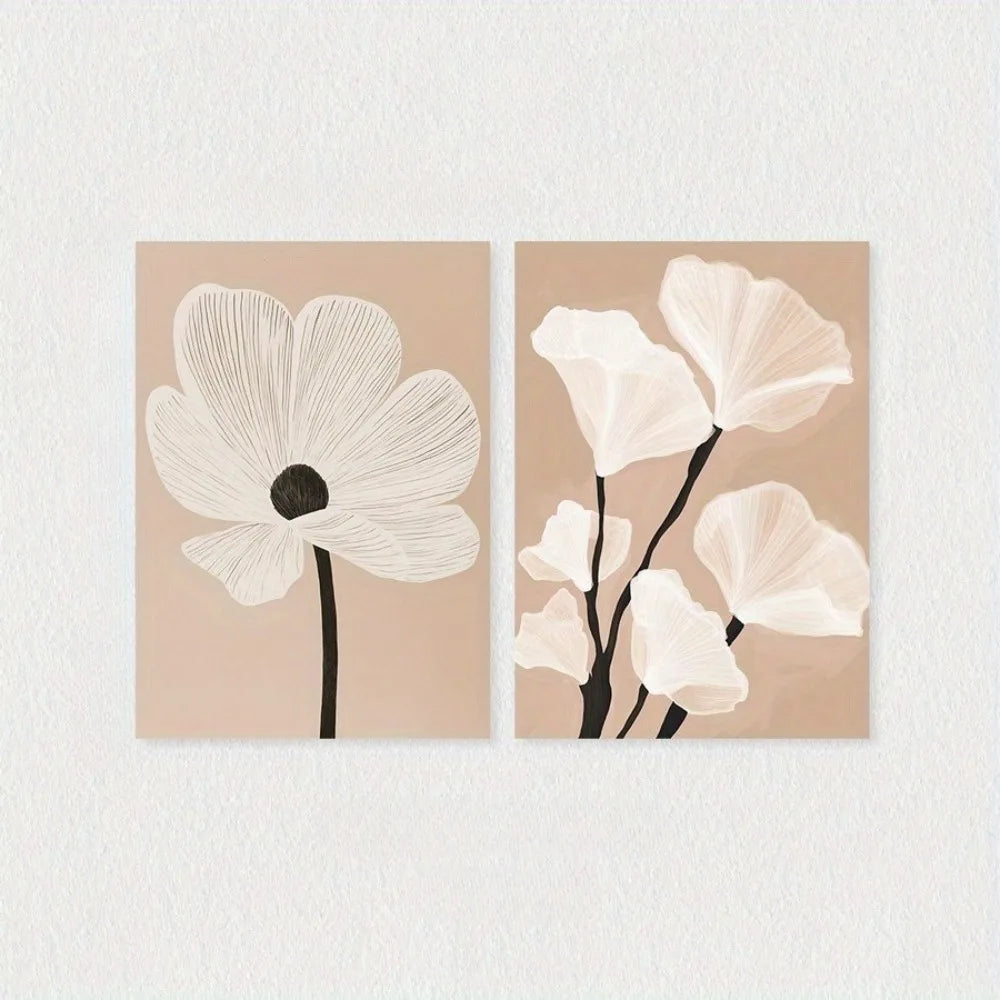 toile d'art minimaliste moderne fleurs stylisées abstrait beige blanc noir sans cadre