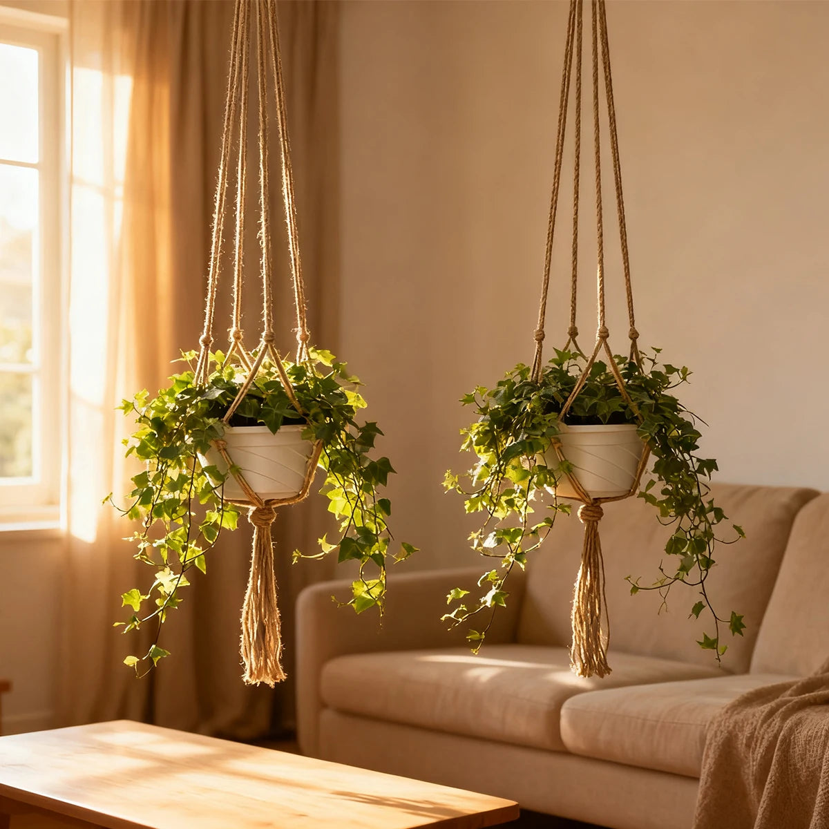 support plante suspendue corde tressée boho pot fleurs beige blanc artisanal