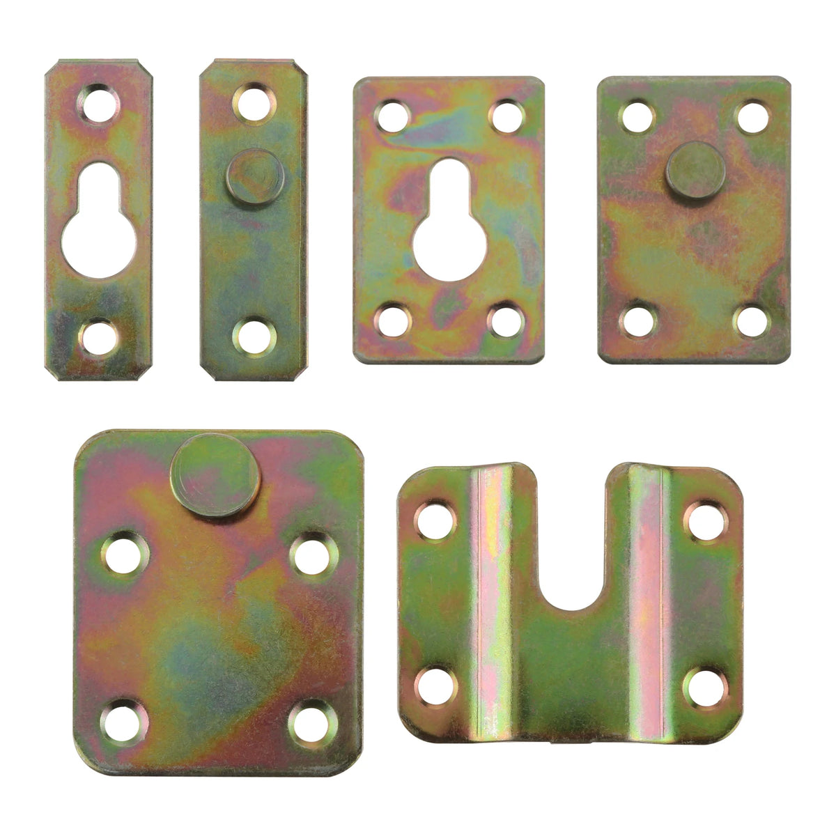 fixations métalliques industrielles couleur irisée travaux bois vert jaune bronze violet