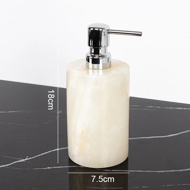 ensemble salle bain marbre onyx blanc distributeur savon porte brosse dents plateau luxe