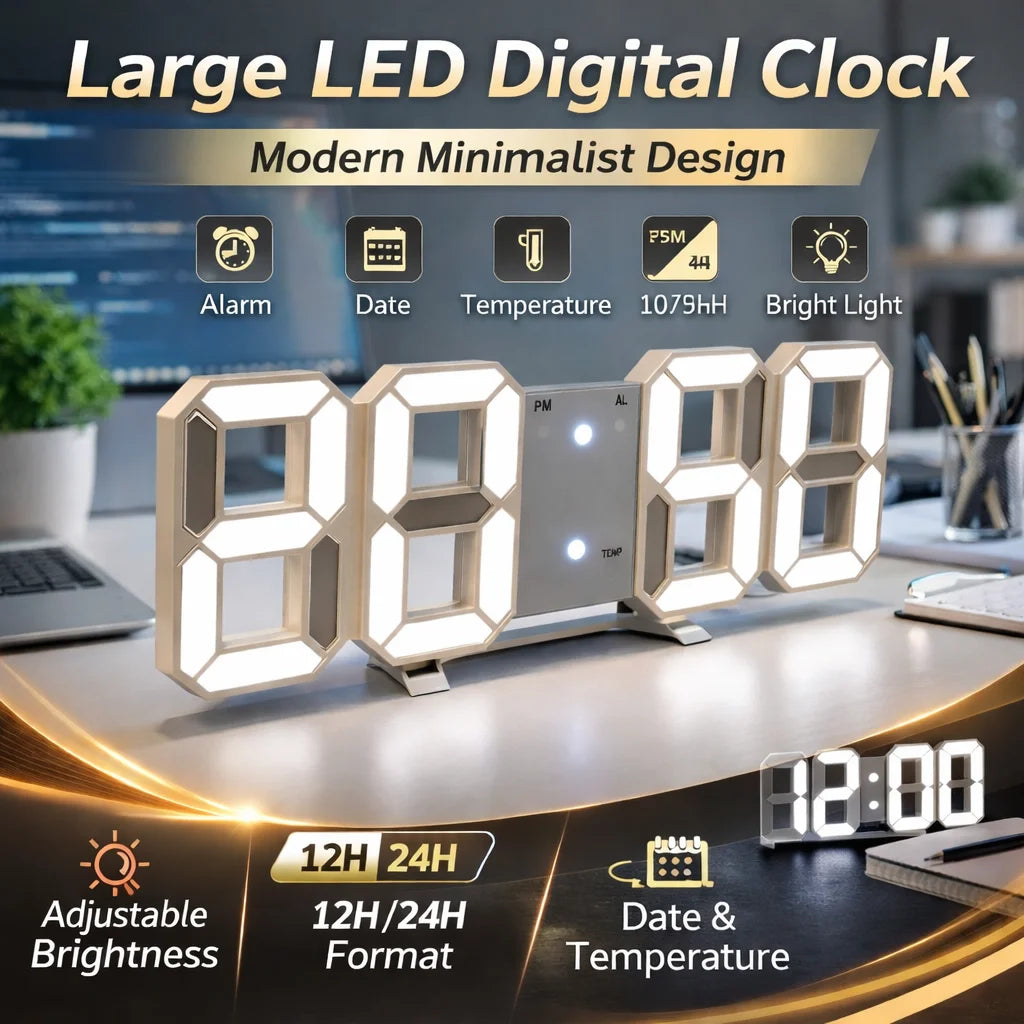horloge murale LED numérique moderne horaires date température noir blanche