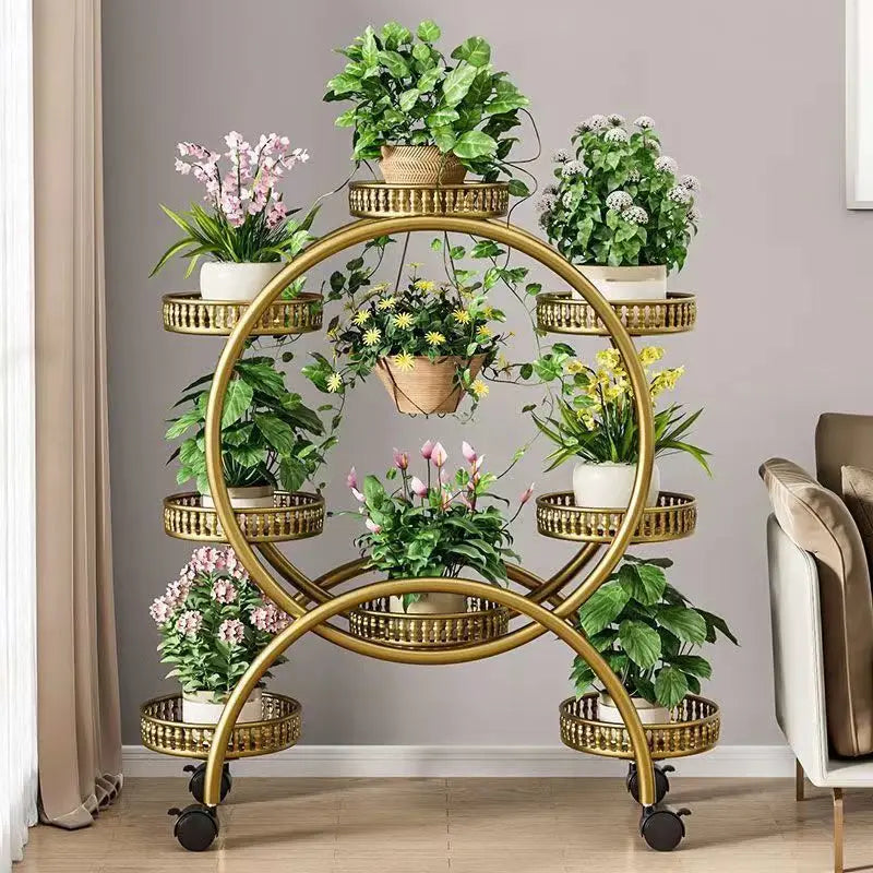 meuble plantes moderne blanc marron doré ajouré barreaux verticaux roulette grille bord relevé