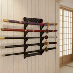 présentoir épée mur japonais niveaux bois doré décoration chambre traditionnel