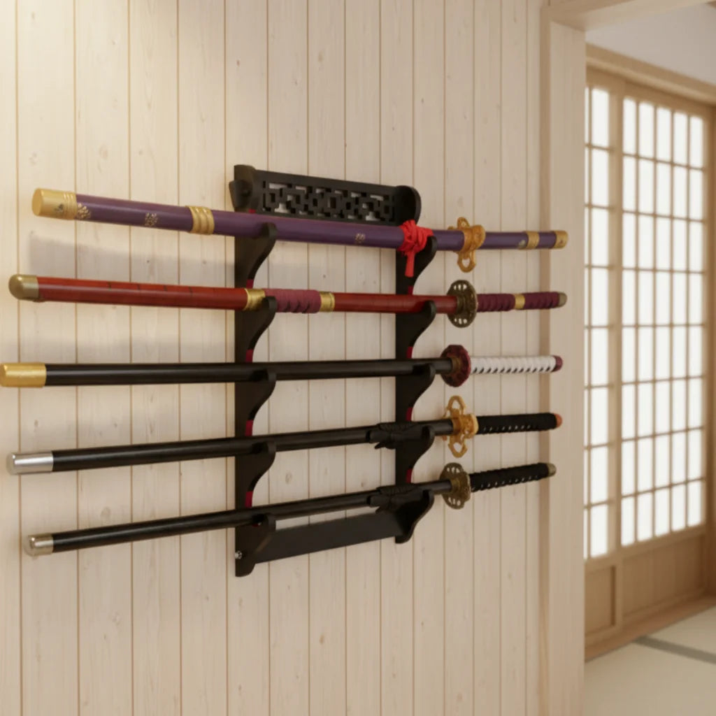 présentoir épée mur japonais niveaux bois doré décoration chambre traditionnel