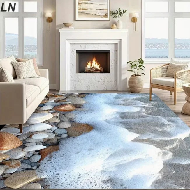 tapis moderne 3d roches eau bleu gris blanc noir salon chambre salle bain