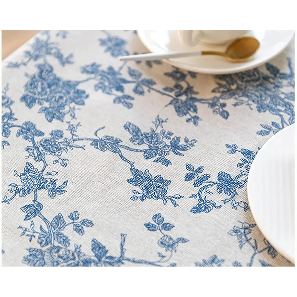nappe table ronde beige bleue motif fleurs vintage coton lin rustique mariage fête